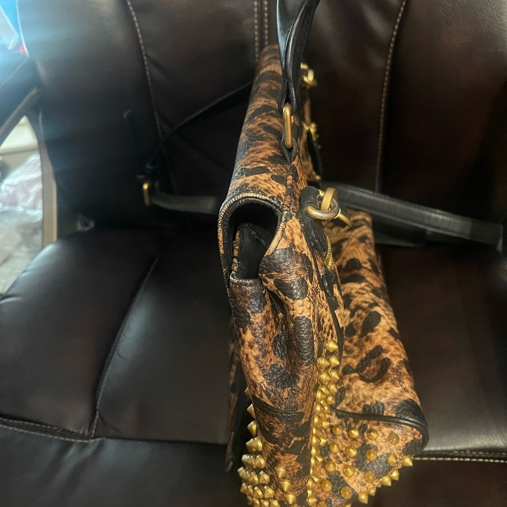 MCM Leopard Print Satchel with Black Trim and Gold Studs - Picture 3 of 9
